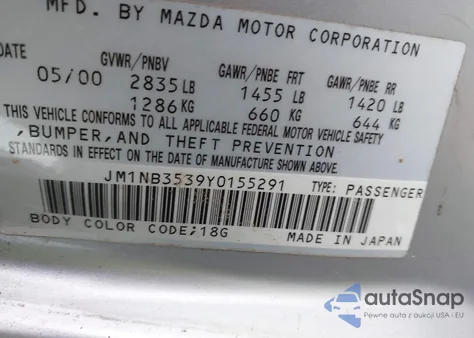 2000 Mazda Mx-5 Miata Ls/Special Edition z USA, uszkodzony, nr VIN JM1NB3539Y0155291